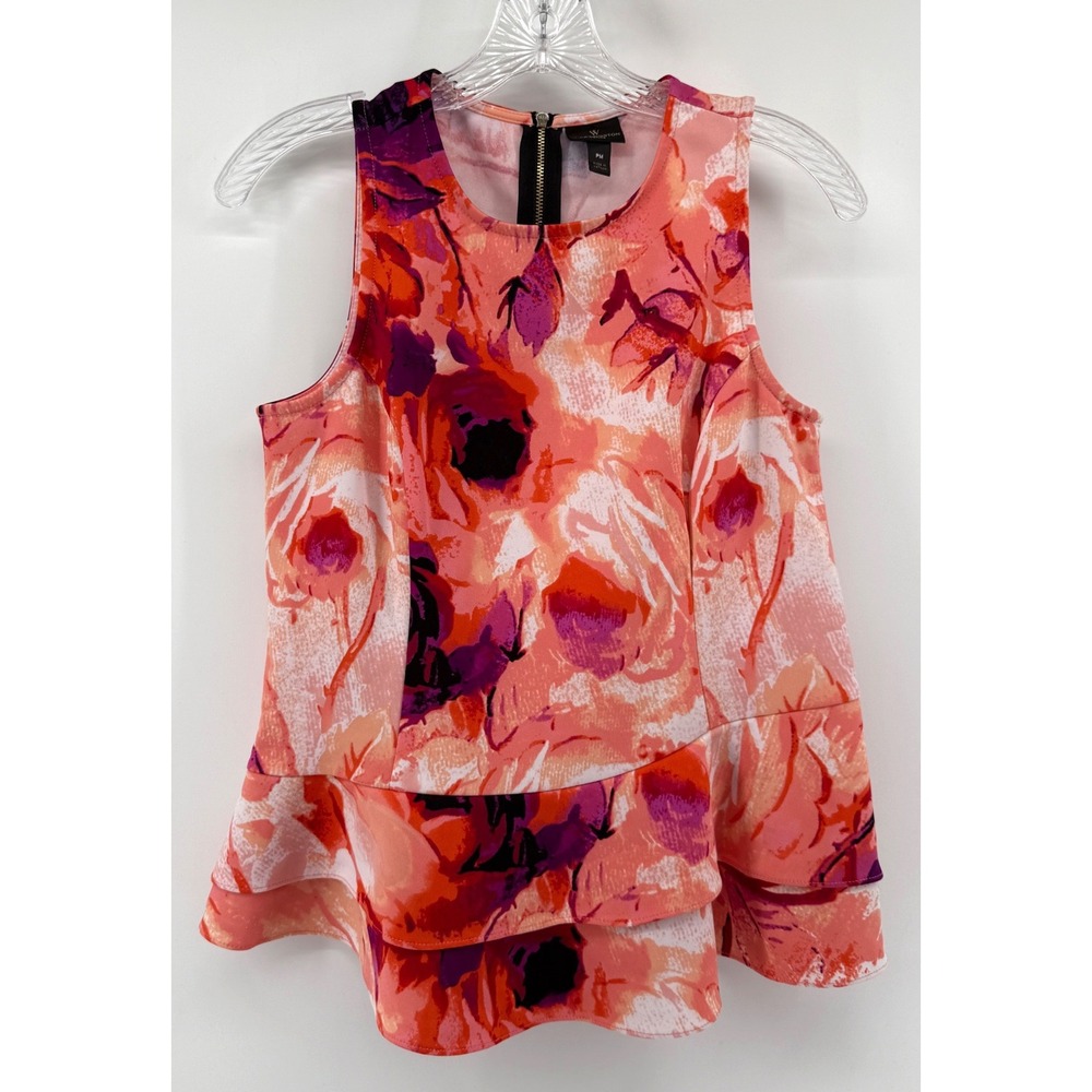Worthington Petite Floral Peplum Top Sleeveless Coral PM Blouse Flattering Fit